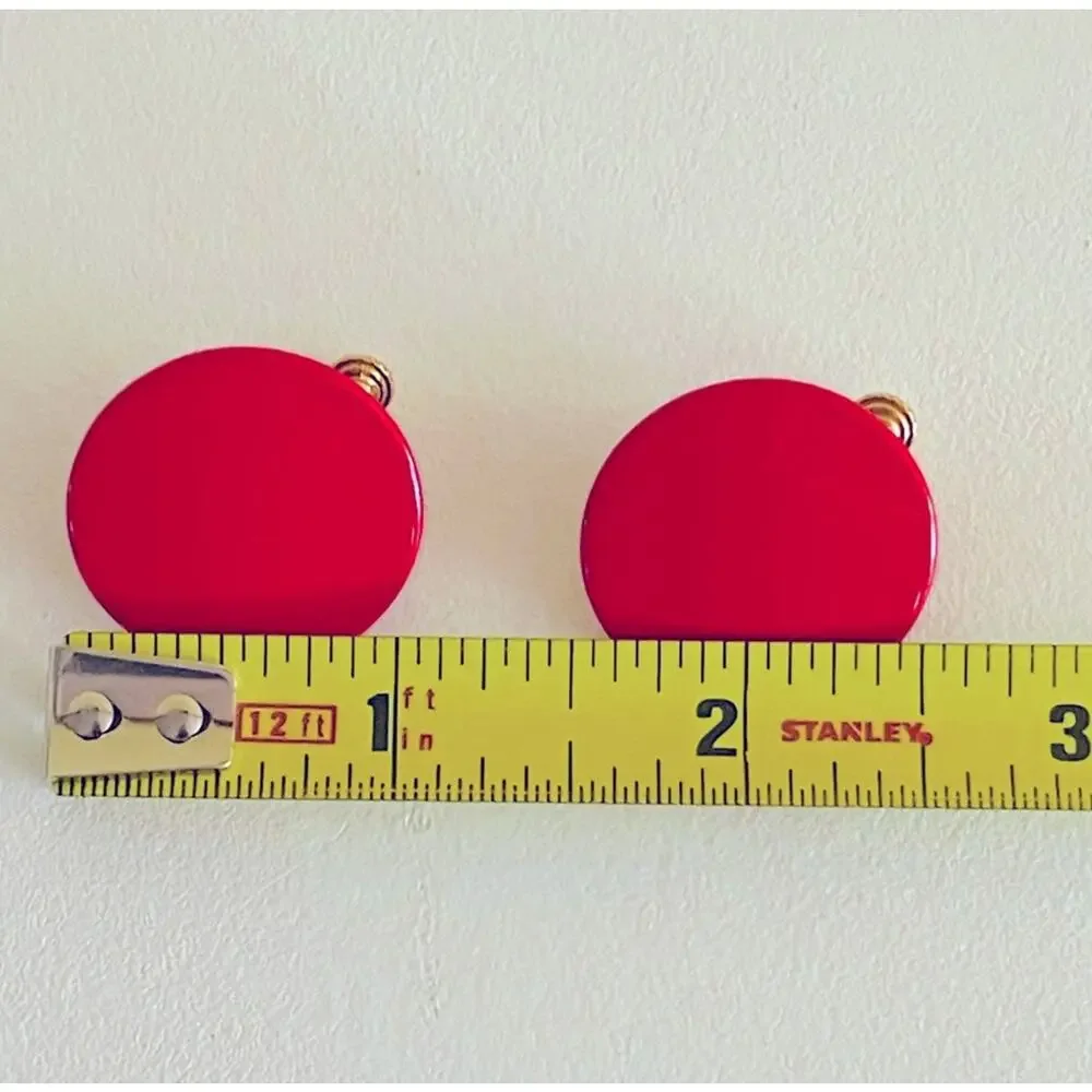 Vtg Red Mid-Century Modern Round Disc Screw-back Clip-on Earrings Dot Geometric